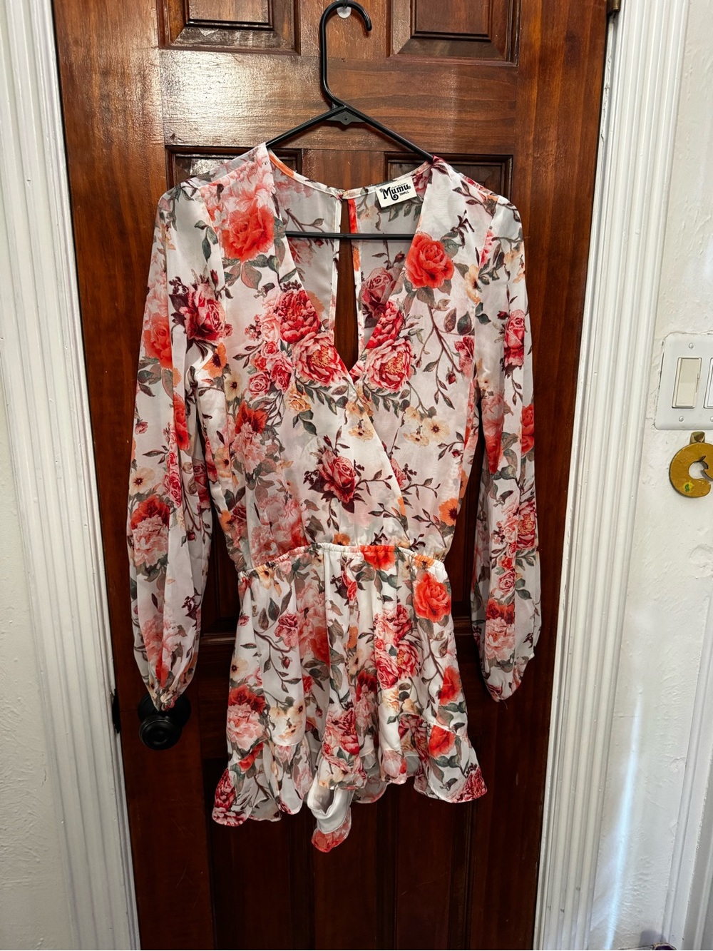 Floral Long-Sleeve Surplice Romper in Rose Print